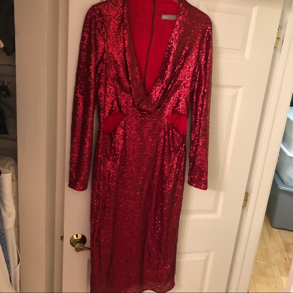 Asos Long Sleeve Red Sequin Midi Dress Size 12